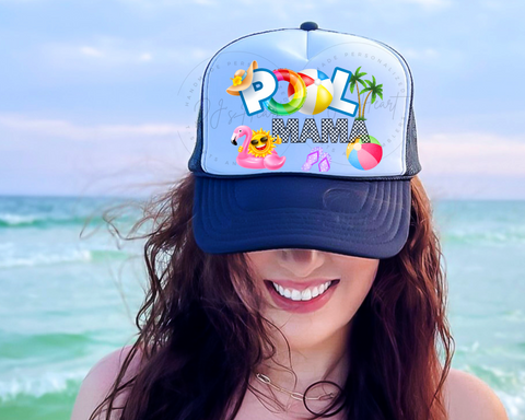 Pool mama trucker hat faux DTF design