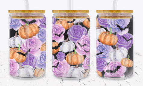 Purple Roses and Pumpkins - 16 0z glass can