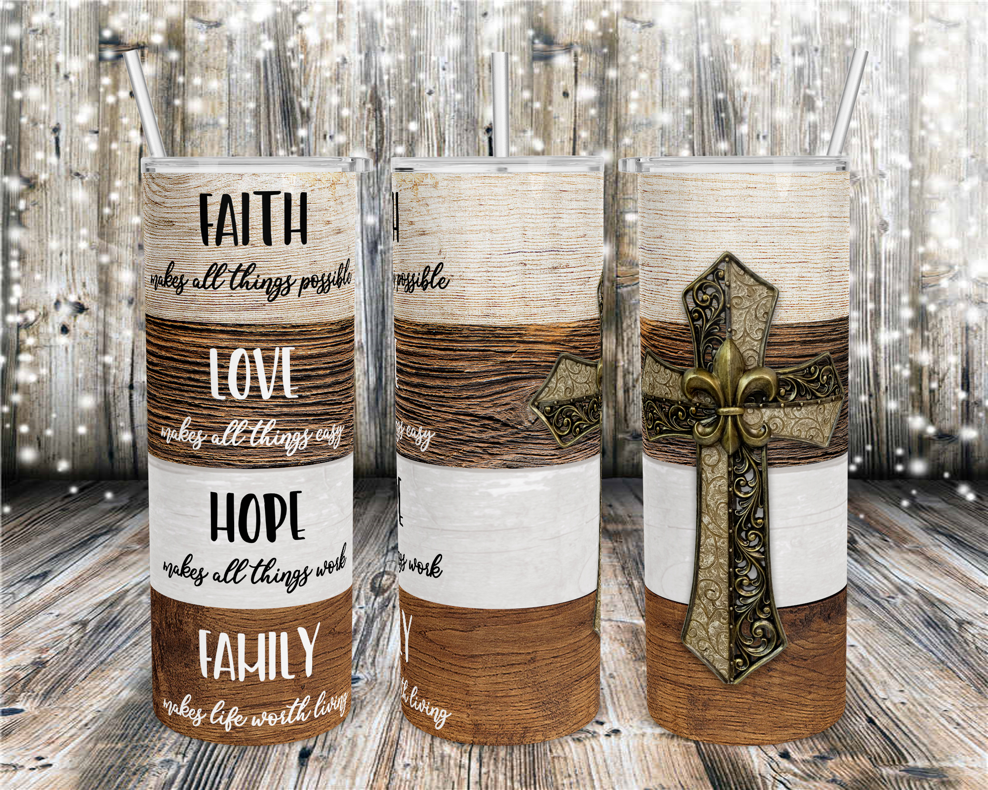 Faith, Love, Hope, Family - Wood Plank Cross